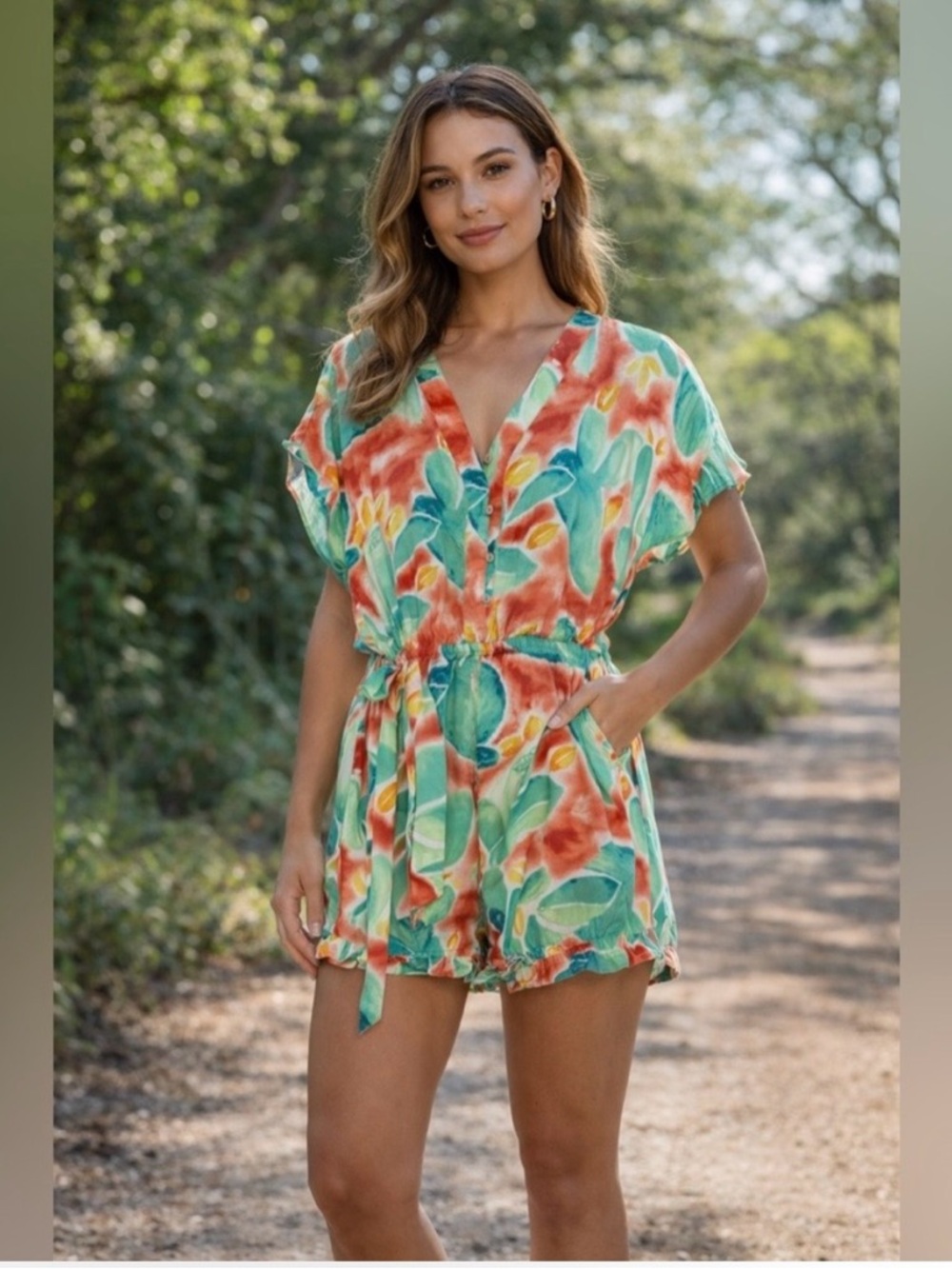easel Tropical Leaf V-Neck Romper in Green, Coral & Yellow